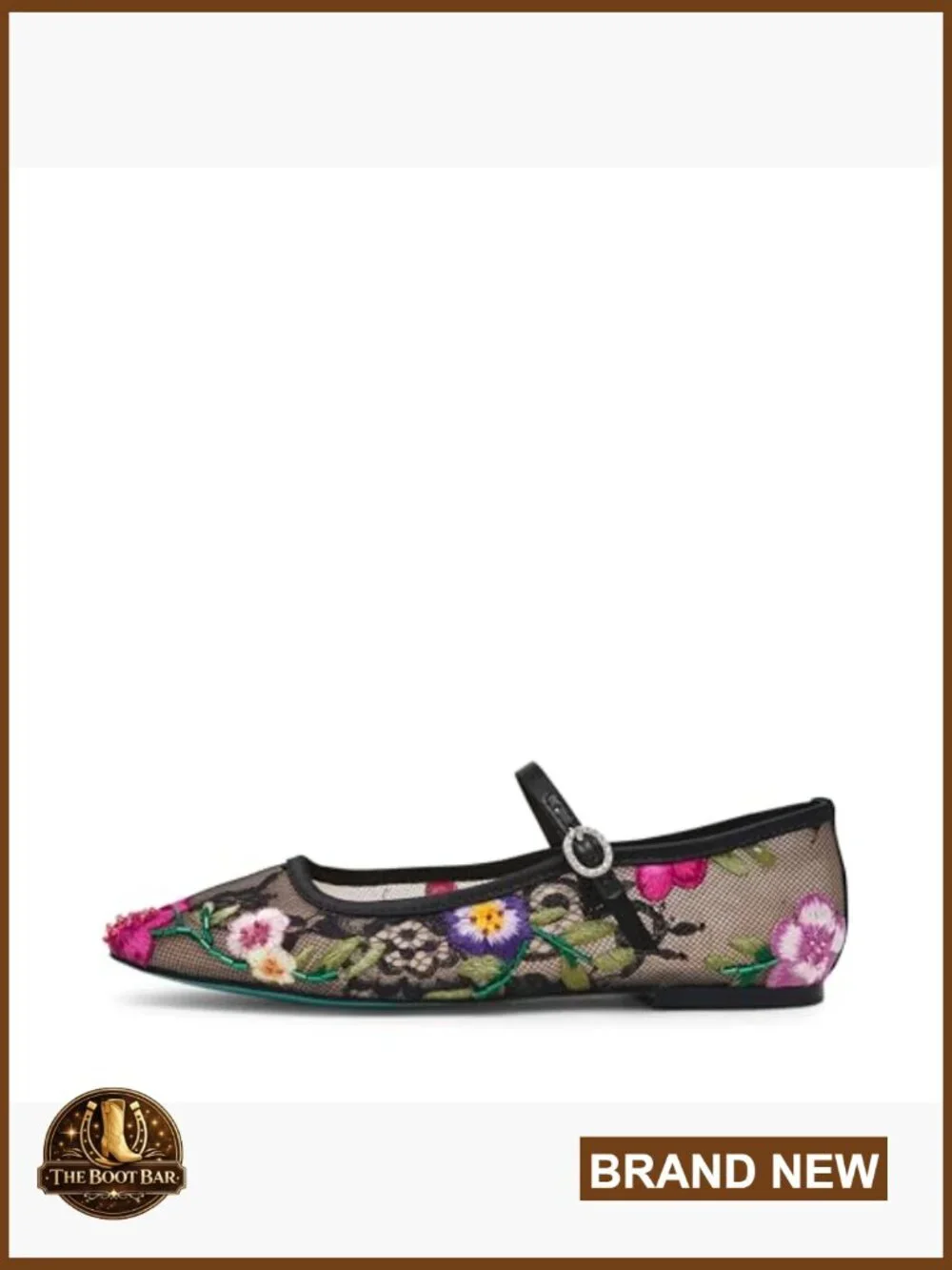 Floral Embroidered Ballet Flat with Ankle Strap and Buckle Closure